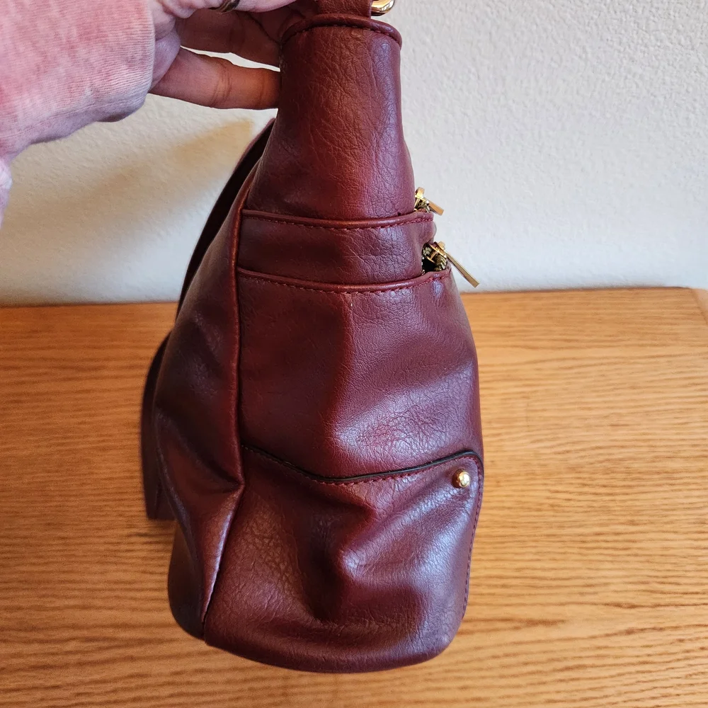 Elegant Burgundy Faux Leather Shoulder Bag Multi Pockets